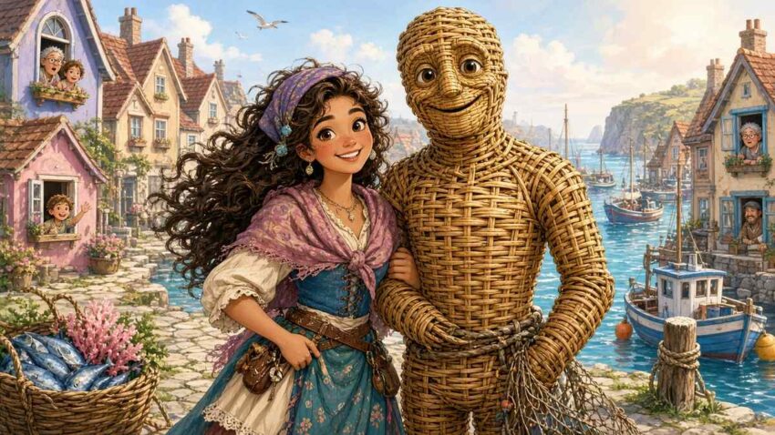 Bright comic illustration of a smiling fisherwoman arm in arm with a friendly man woven from wicker in a sunny harbor village