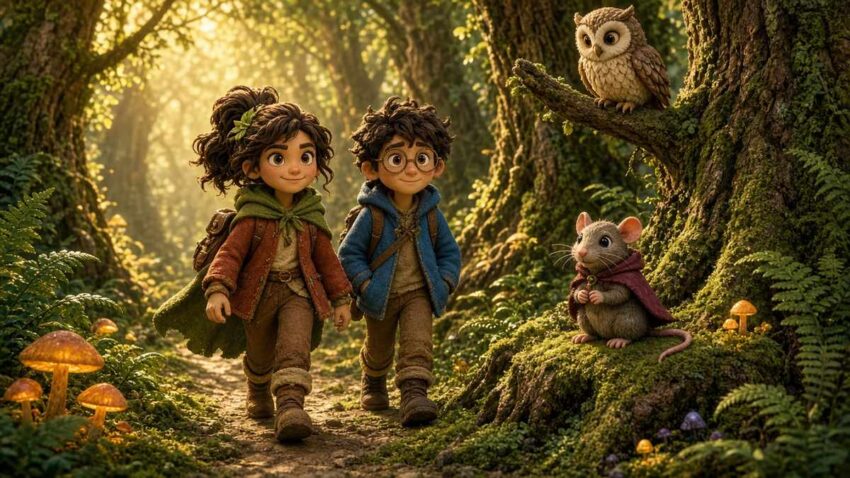 Bright comic illustration of a brave girl and a boy with glasses walking into a sunlit magical forest with a friendly owl and a small rat in a cloak